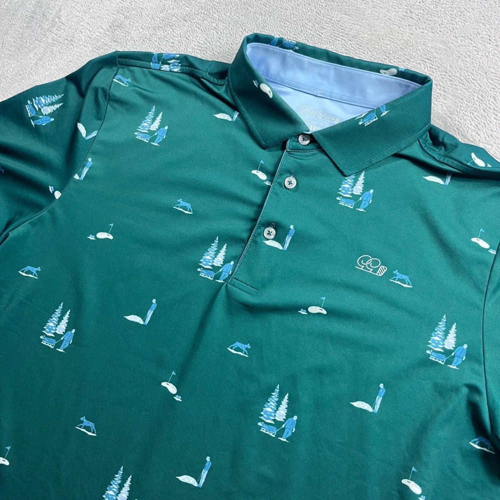 Good Good Golf Mens Large Green Winter Print Performance Polo Shirt Short Sleeve